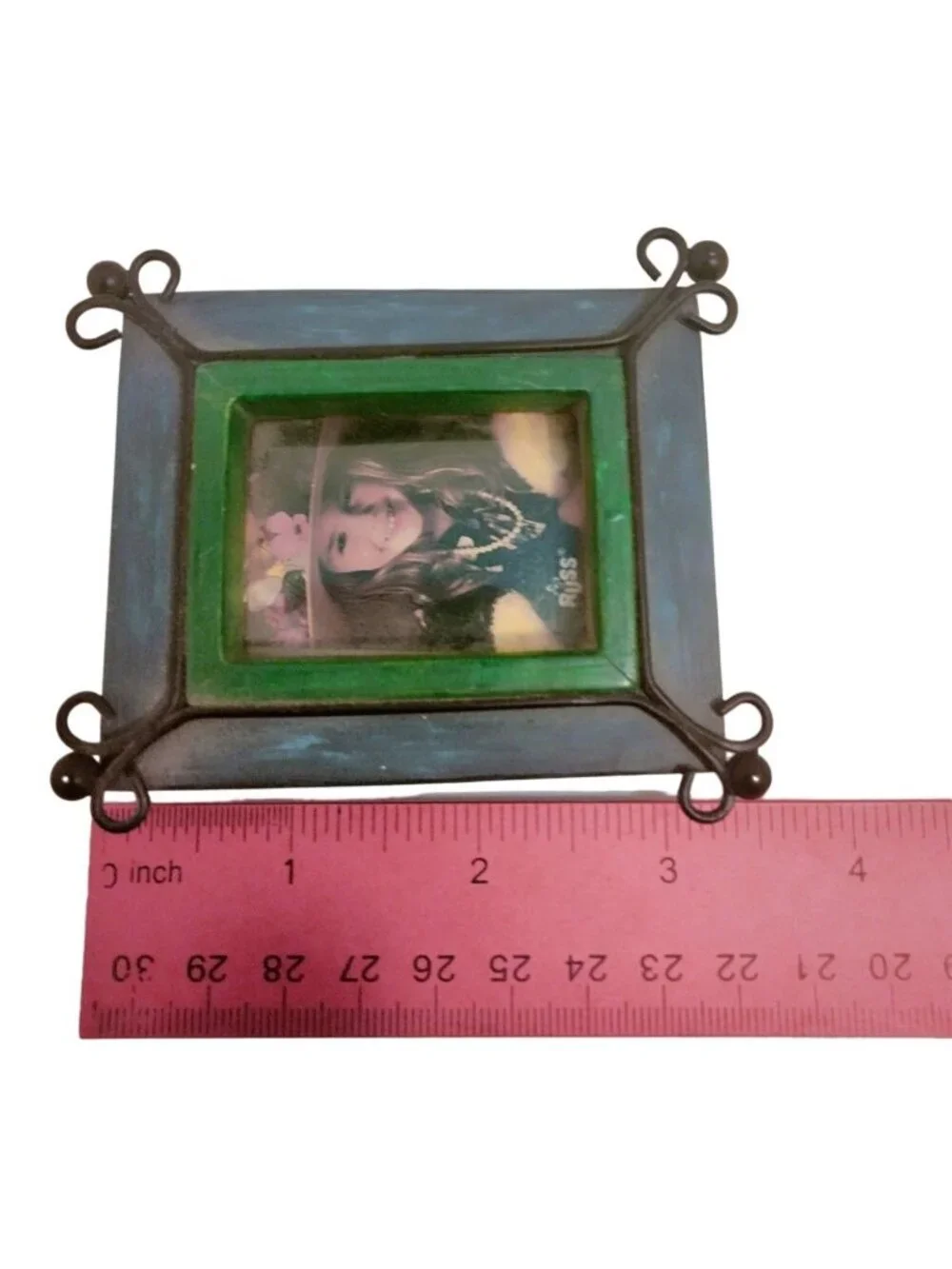 Miniature Wood Frame Blue Green Table Picture Metal Border 3 x 3